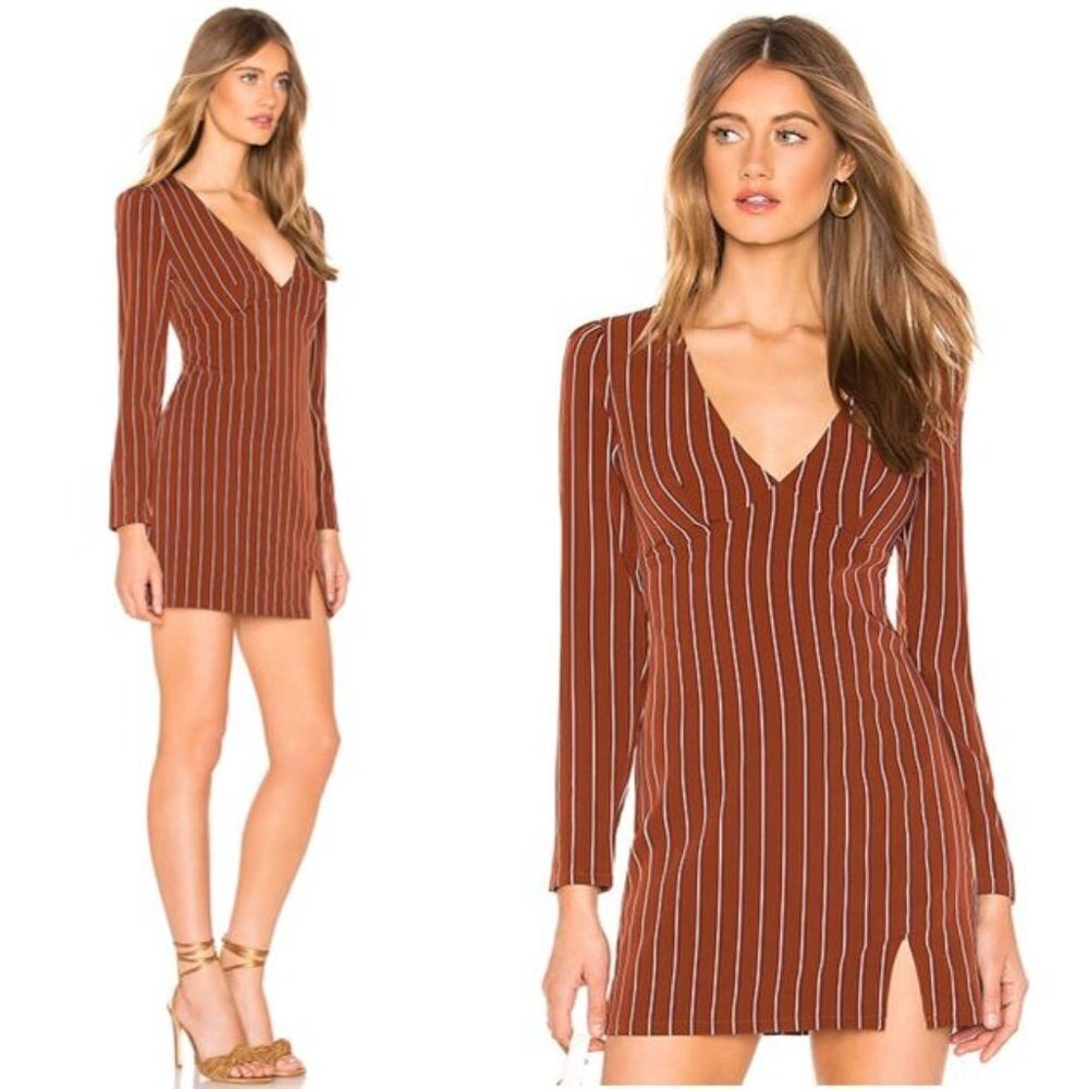 NWT Privacy Please Rust Brown Striped V-Neck Mini Dress